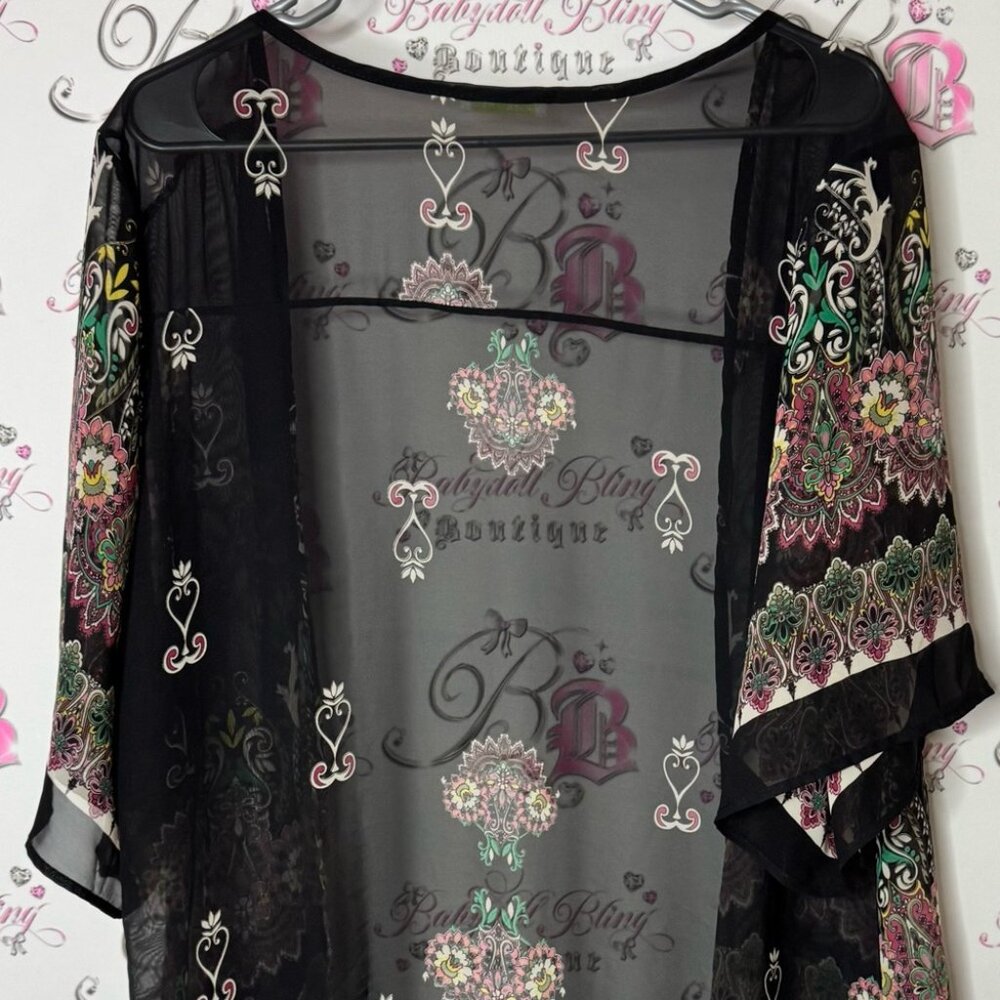 Olive tree cardigan paisley boho tassle hem flowers Black Floral Fringe Kimono - Picture 6 of 8